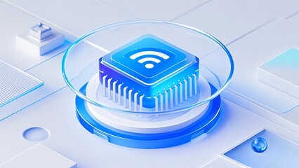 A 3D chip icon with a blue, green, and white color scheme, featuring a WIFI shape on the chip, with a transparent frost glass material, indicating a connection signal.