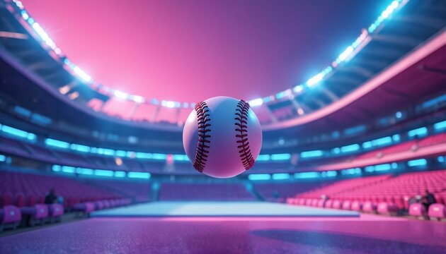 Baseball hovers in modern stadium under neon vibrant lights. Empty red seats in futuristic arena await for fans. Game starts soon in digital playground, for athletic competition.
