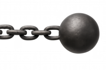 Heavy metal ball and chain representing burden, restriction, debt, commitment, and oppression on transparent background