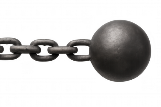 Heavy metal ball and chain representing burden, restriction, debt, commitment, and oppression on transparent background