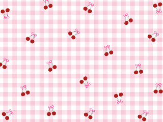 さくらんぼとギンガムチェック柄のレトロな背景