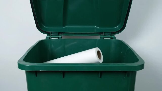 Discarding waste paper rolls into an open green bin, symbolizing recycling and clean disposal in a dynamic motion