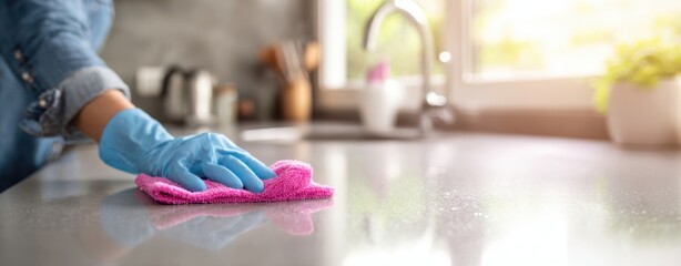 The countertop being cleaned with a pink cloth and blue glove in a sunny kitchen