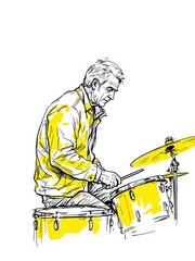 Dynamic ink sketch illustration of a man playing a full drum set with energy, isolated on white background.