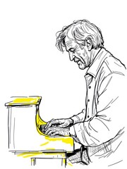 Dynamic sketch illustration of a mature man passionately playing a grand piano, isolated on white background.