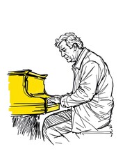 Dynamic sketch illustration of a mature man passionately playing a grand piano, isolated on white background.