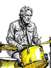 Dynamic ink sketch illustration of a mature man playing drums with passion, isolated on white background.