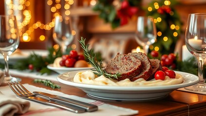 meatloaf mashed potatoes holiday dinner festive rosemary cranberries twinkling lights cozy centerpiece  
