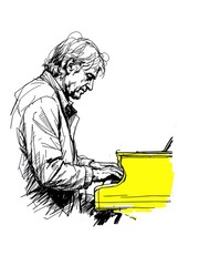 Dynamic sketch illustration of a mature man passionately playing a grand piano, isolated on white background.