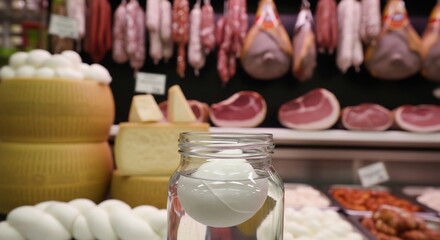 Italian delicatessen featuring cheese, prosciutto, and salami. Perfect for gastronomy, food blog, recipe ideas, Italian cuisine, grocery stores, & food-related projects.