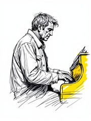 Dynamic sketch illustration of a mature man passionately playing a grand piano, isolated on white background.