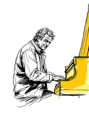 Dynamic sketch illustration of a mature man passionately playing a grand piano, isolated on white background.