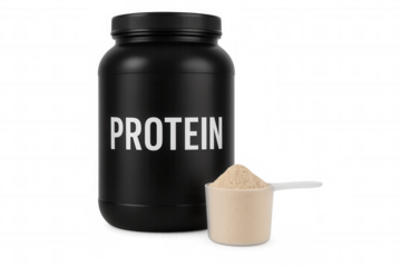 Protein powder tub and measuring scoop with nutritional supplement. Fueling fitness, gym training, and healthy lifestyle