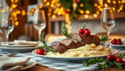 festive cozy holiday dinner centerpiece meatloaf mashed potatoes rosemary cranberries twinkling lights  
