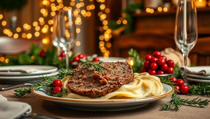 holiday dinner centerpiece cozy festive rosemary meatloaf mashed potatoes cranberries twinkling lights  

