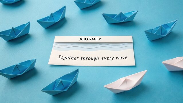 Paper boats on blue background representing togetherness in journey, teamwork, friendship, and overcoming obstacles