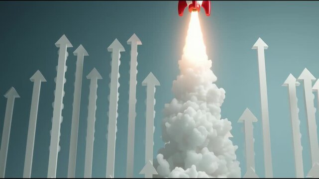 A rocket launching through a cloud shaped like an arrow pointing upwards symbolizes growth, success and achievement on a blue-green background.