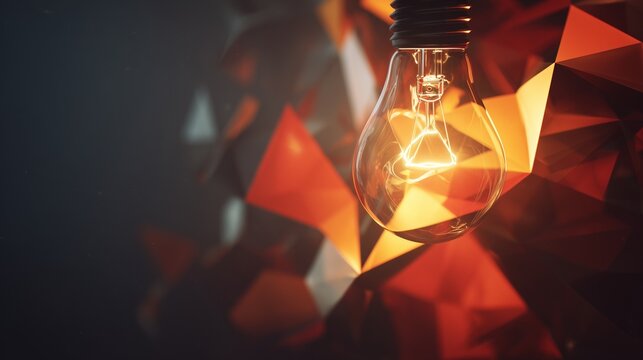 Fiery lightbulb illuminating abstract geometric shapes, symbolizing innovation, brainstorming, and creative thinking