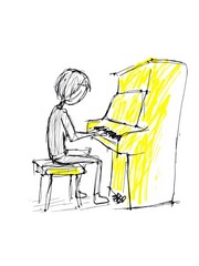 Simple childlike ink sketch of a person playing a yellow upright piano, isolated on white background.