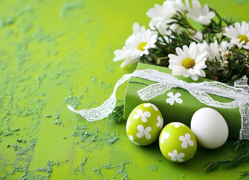 Easter Celebration with Flowers and Decorated Eggs