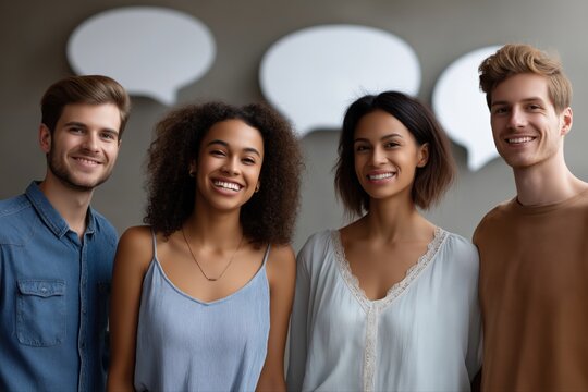 Group of smiling young adults in casual wear with speech bubbles in background - Powered by Adobe