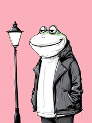 Confident anthropomorphic frog in a leather jacket leaning against a classic lamppost, detailed illustration.