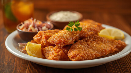 A vibrant and appetizing fish fry scene, set against a warm wooden table, with golden-brown fried fish pieces