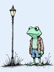 Confident anthropomorphic frog in a leather jacket leaning against a classic lamppost, detailed illustration.