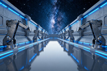 Futuristic robotic corridor with starry sky