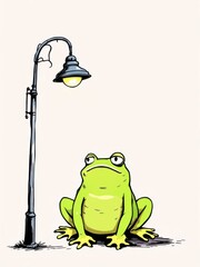 Lonely cartoon frog sitting under a vintage street lamp, looking bored or sad.
