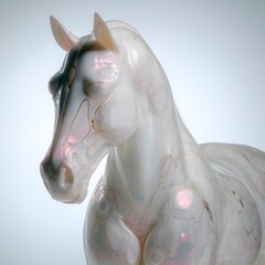 Abstract sculpture of a horse with a glossy, iridescent surface.