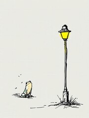 Lonely cartoon frog sitting under a vintage street lamp, looking bored or sad.