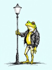 Confident anthropomorphic frog in a leather jacket leaning against a classic lamppost, detailed illustration.