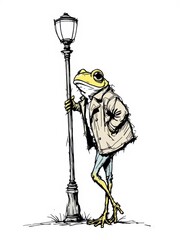 Confident anthropomorphic frog in a leather jacket leaning against a classic lamppost, detailed illustration.