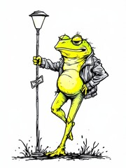 Confident anthropomorphic frog in a leather jacket leaning against a classic lamppost, detailed illustration.