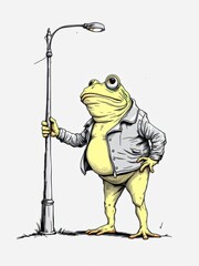 Confident anthropomorphic frog in a leather jacket leaning against a classic lamppost, detailed illustration.