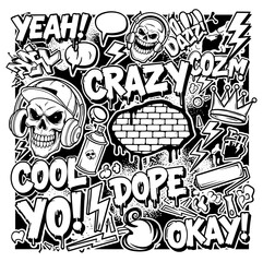 Vector art of graffiti art featuring skulls, speech bubbles, and urban slang for edgy and expressive designs