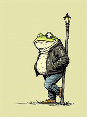 Confident anthropomorphic frog in a leather jacket leaning against a classic lamppost, detailed illustration.