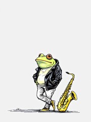 Cool anthropomorphic frog musician in a leather jacket leaning on a lamppost with a golden saxophone, vibrant illustration.