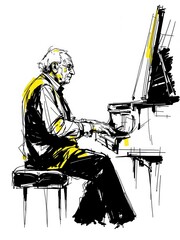 Dynamic sketch illustration of a mature man passionately playing a grand piano, isolated on white background.