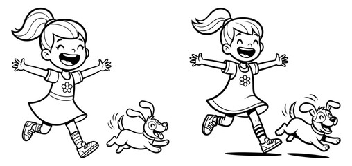 Vector art of a cheerful little girl runs with her playful puppy, , a heartwarming scene of childhood joy