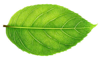 Obraz premium Close-up shot of a vibrant green leaf with intricate veins and a textured surface, isolated on white.