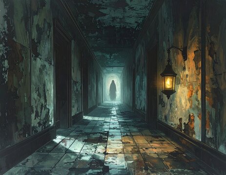 Creepy Hallway, Ghostly Figure, Haunted House, Horror Scene