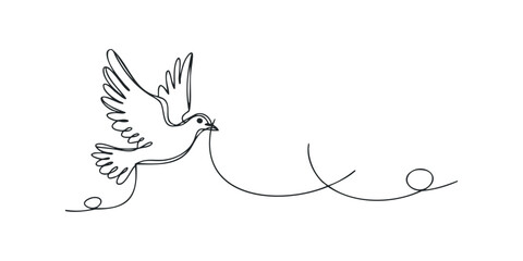 One line drawing of a dove carrying a scroll