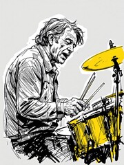 Dynamic ink sketch illustration of a mature man playing drums with passion, isolated on white background.