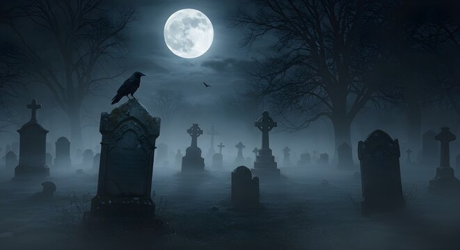 A gothic-style night scene depicting a raven perched on an old tombstone in the middle of a foggy graveyard. The full moon shines brightly in the sky.