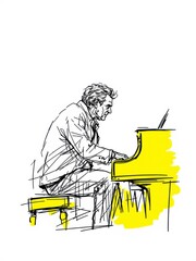 Dynamic sketch illustration of a mature man passionately playing a grand piano, isolated on white background.
