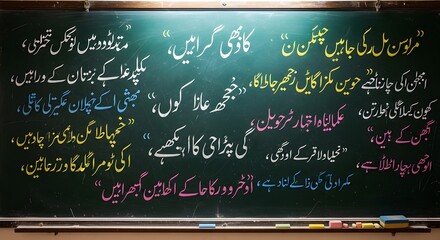 A classroom blackboard filled with Urdu quotes and poetry written in colorful chalk, inspiring students with wisdom, motivation, and cultural heritage in an educational environment.


