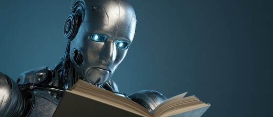 The robot engrossed in reading an open book in a futuristic setting.