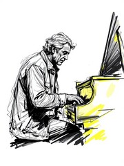 Dynamic sketch illustration of a mature man passionately playing a grand piano, isolated on white background.